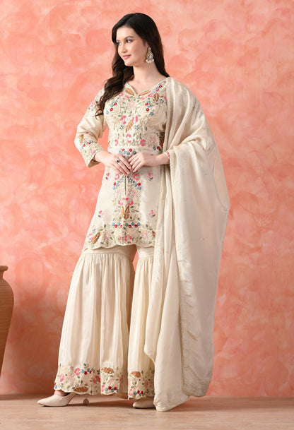 Golden Cream Thread Work Gharara Set