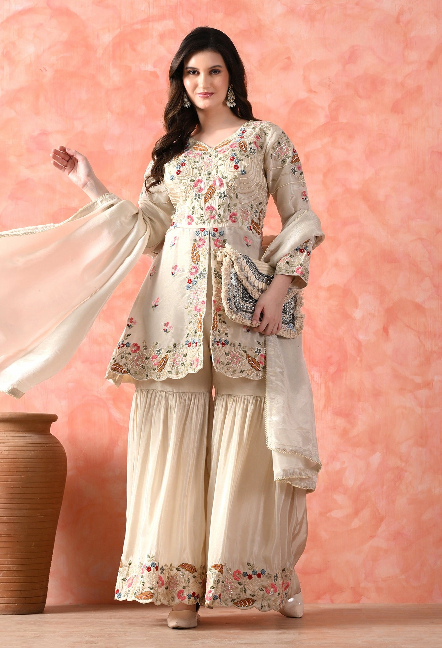 Golden Cream Thread Work Gharara Set