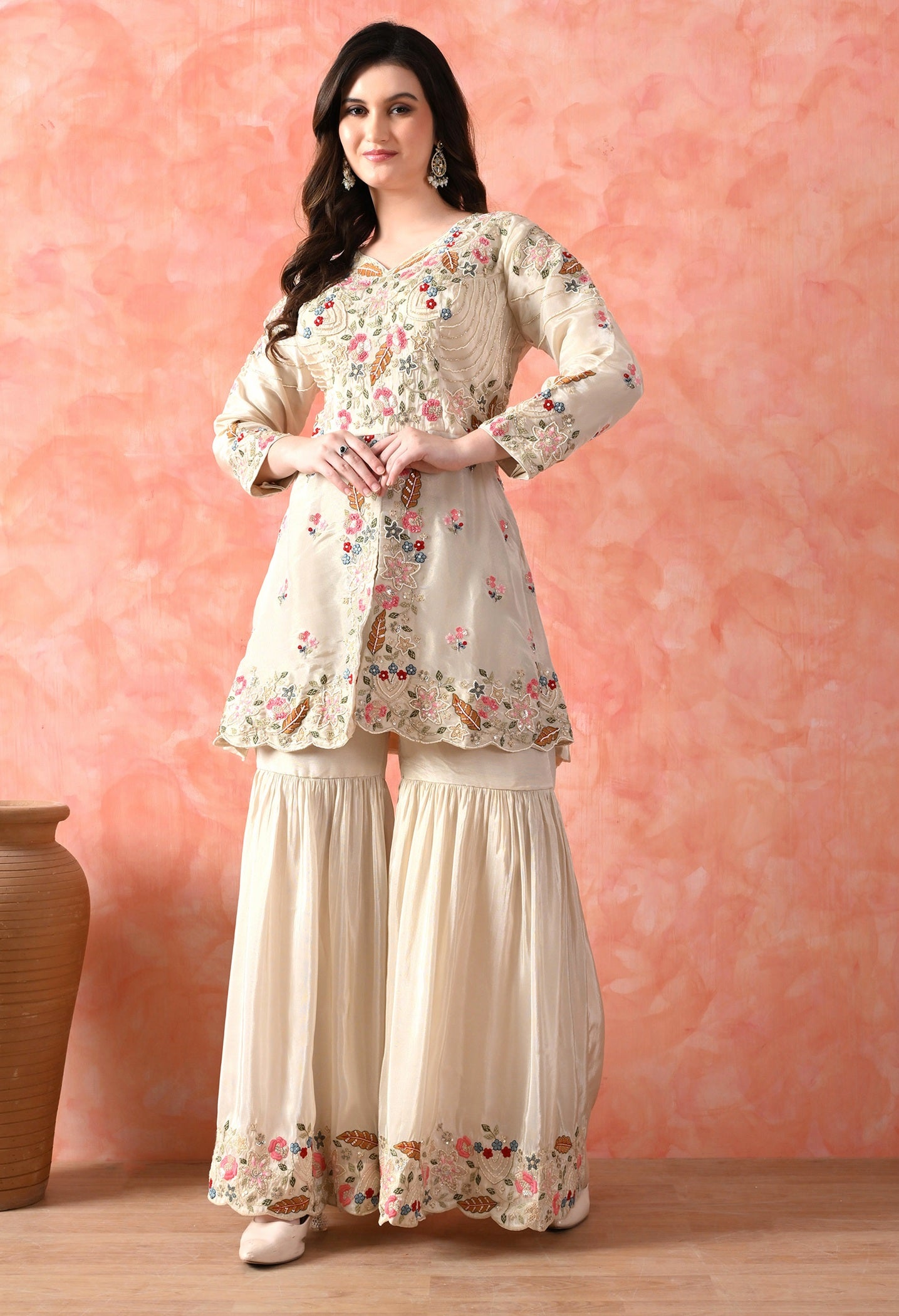 Golden Cream Thread Work Gharara Set