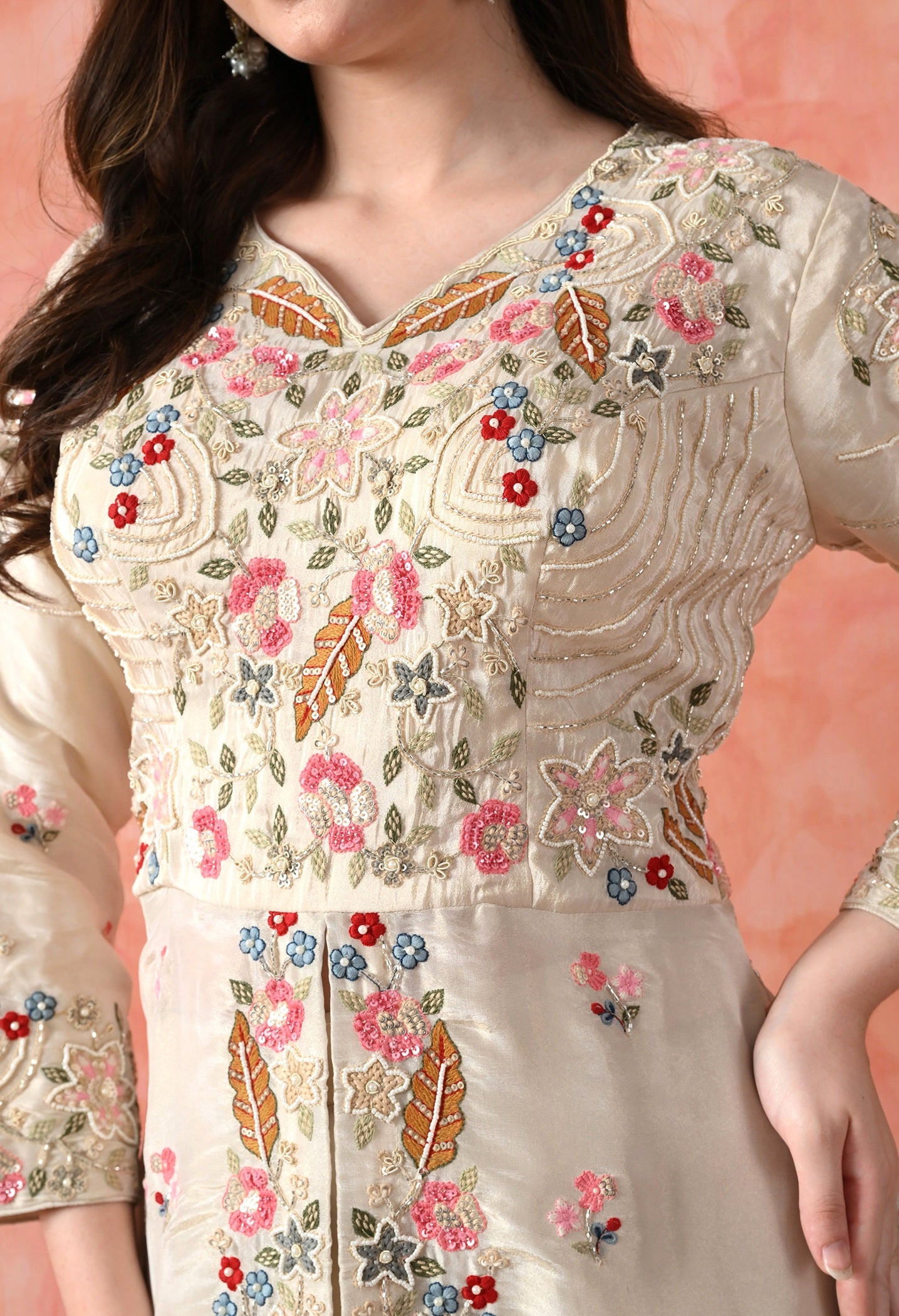 Golden Cream Thread Work Gharara Set