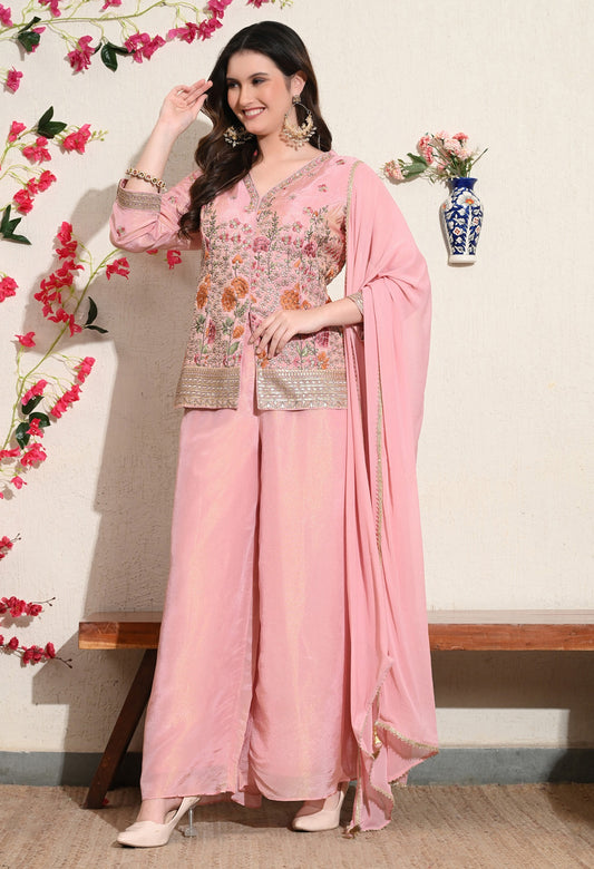 Pink Tissue Crepe Umbrella Sharara Set