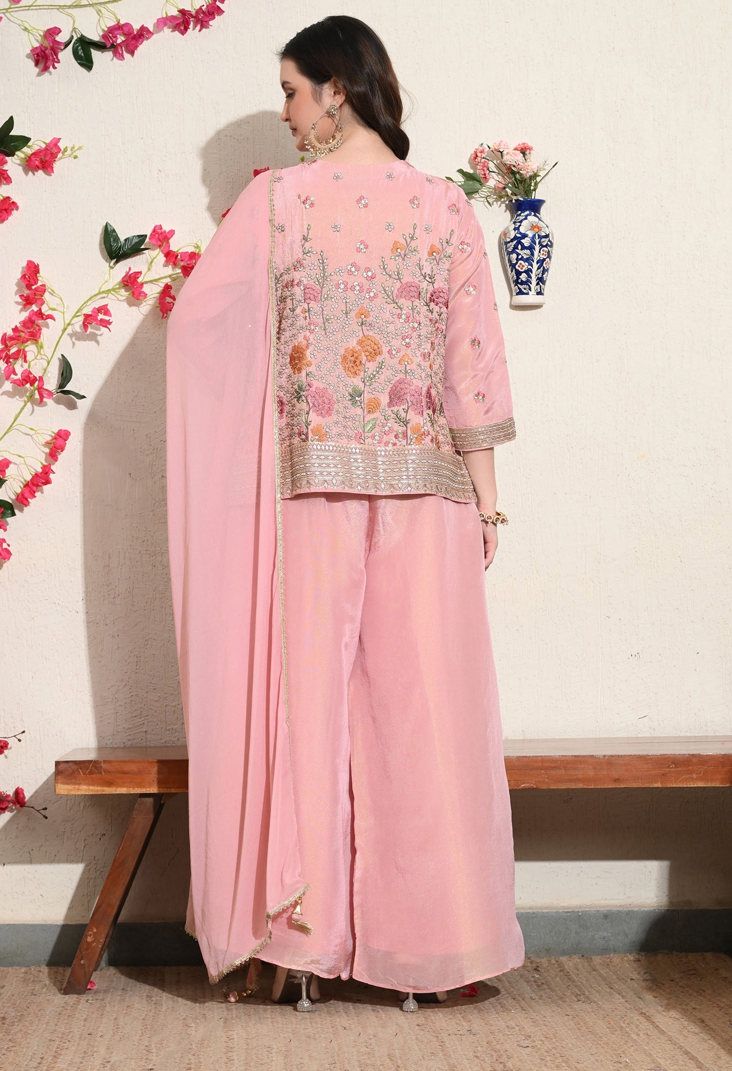Pink Tissue Crepe Umbrella Sharara Set