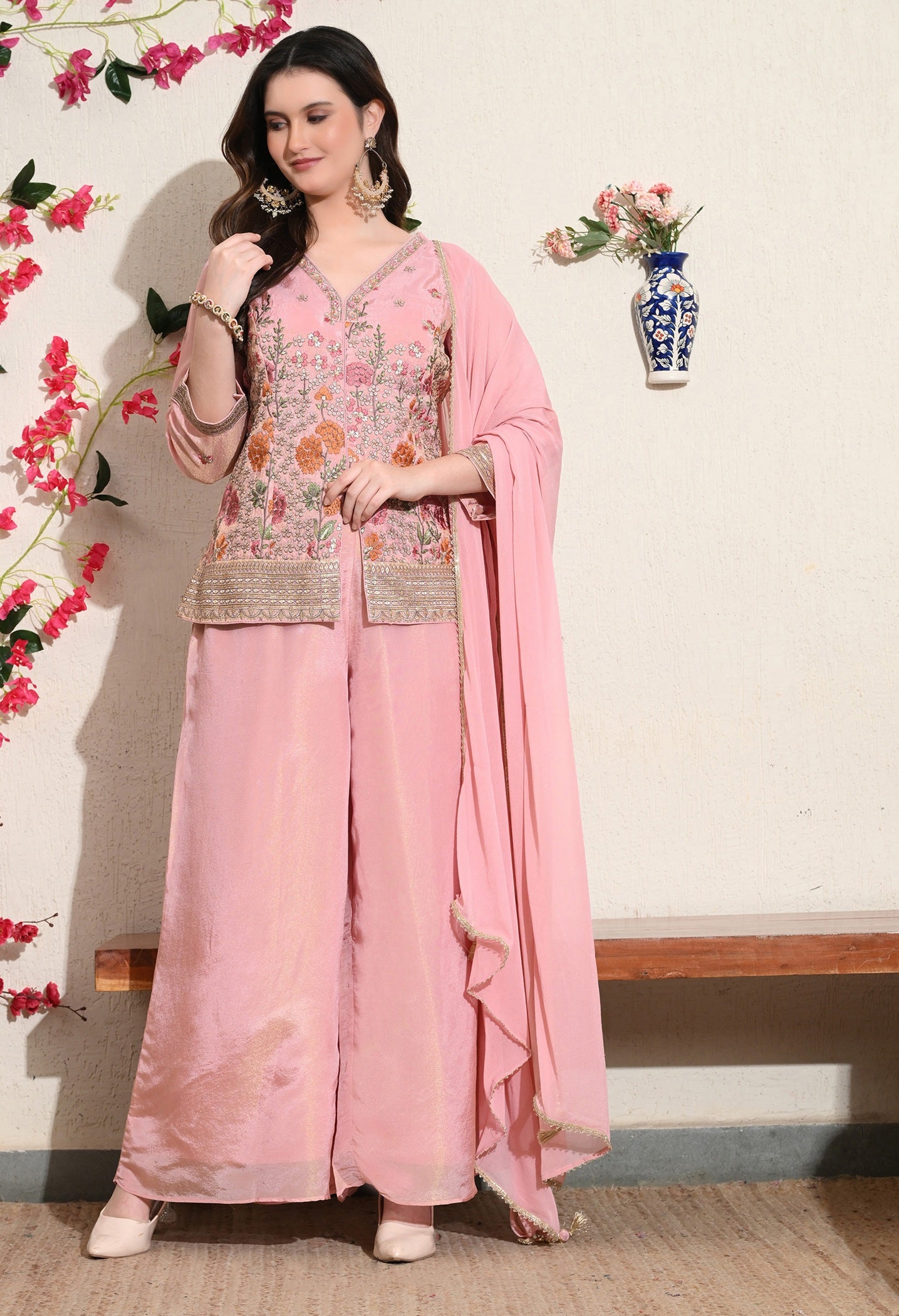 Pink Tissue Crepe Umbrella Sharara Set