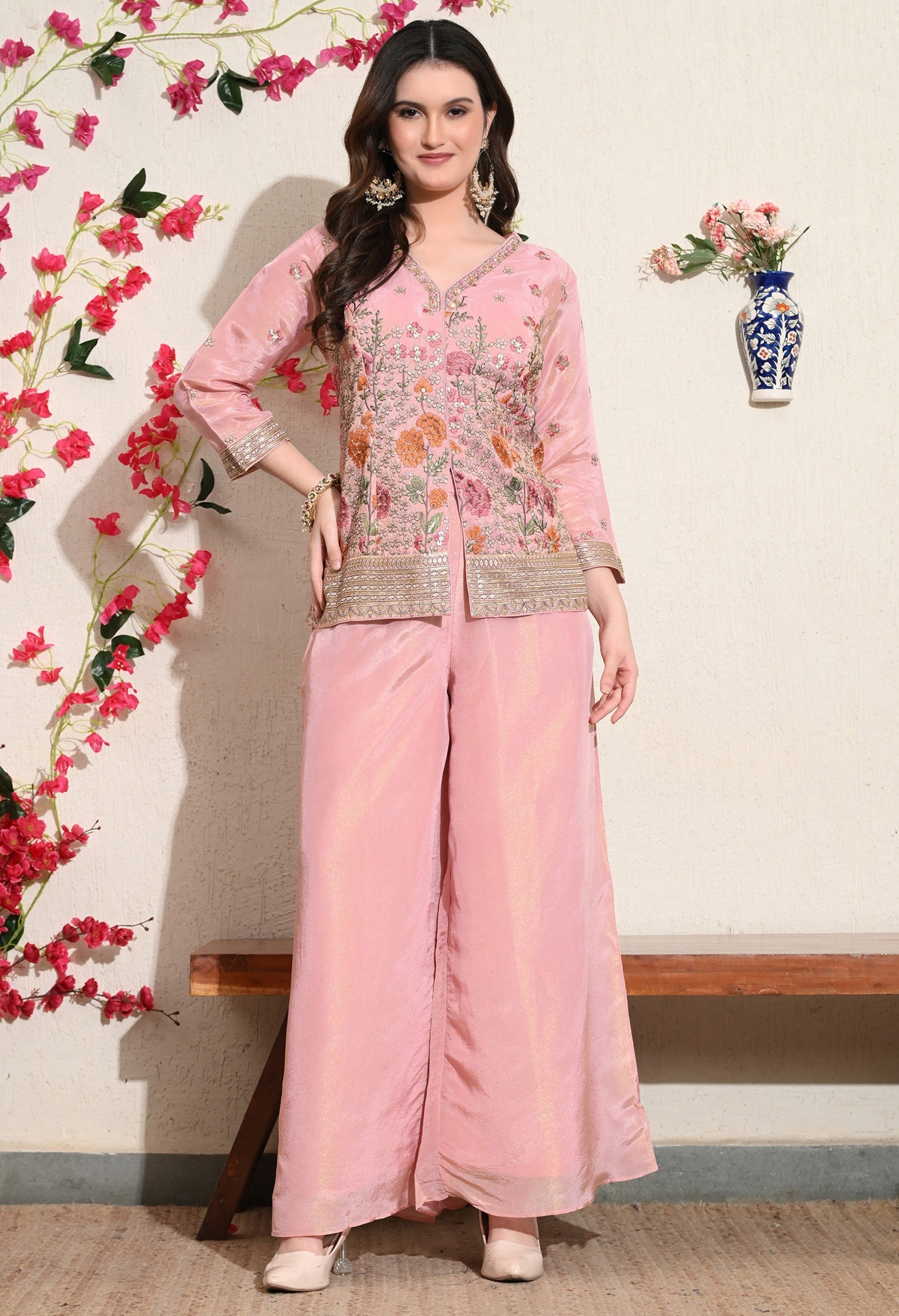 Pink Tissue Crepe Umbrella Sharara Set
