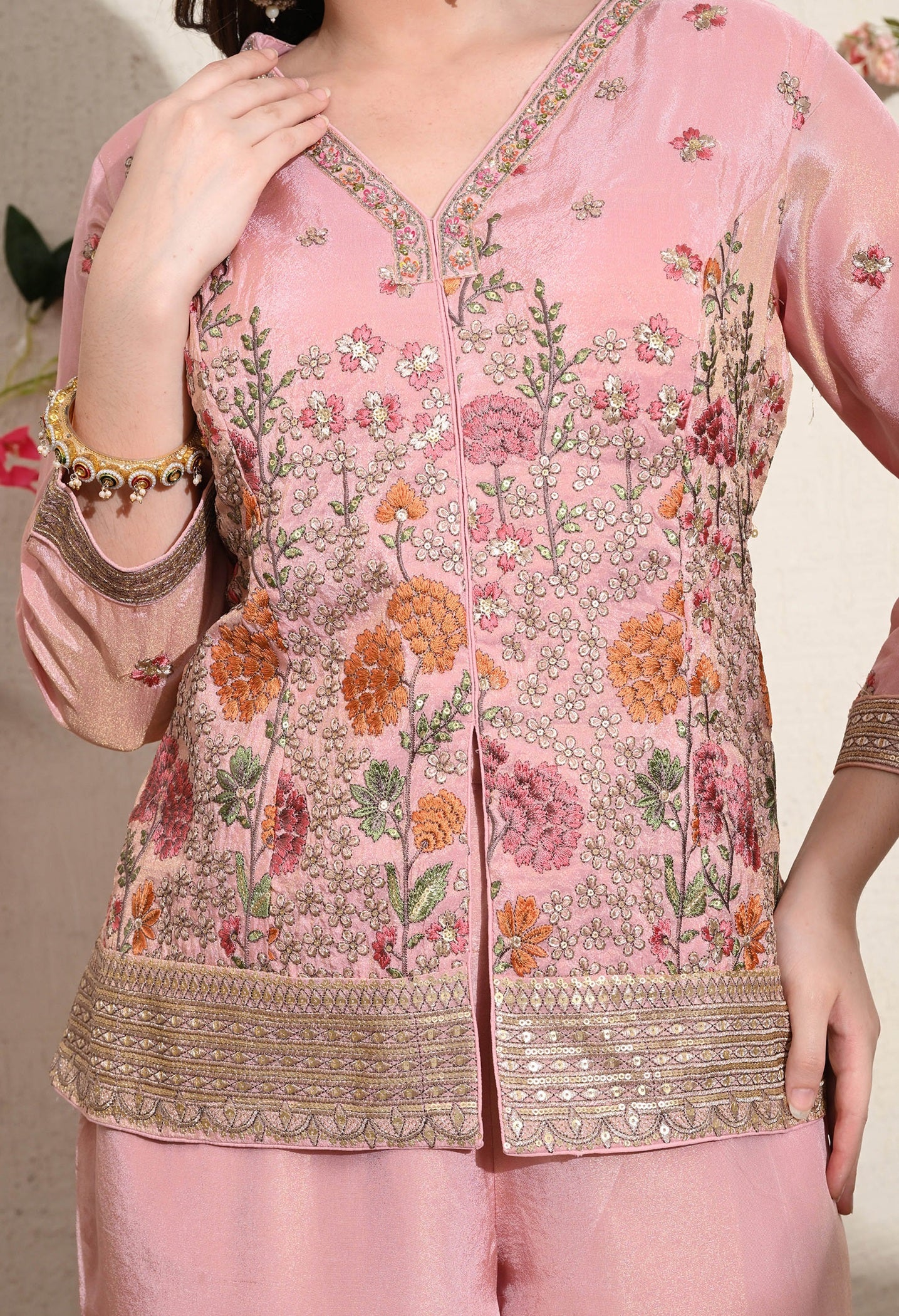 Pink Tissue Crepe Umbrella Sharara Set