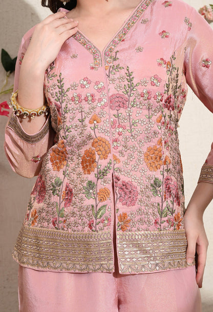 Pink Tissue Crepe Umbrella Sharara Set