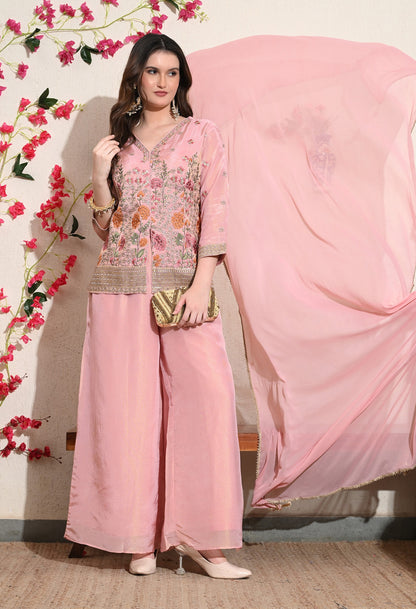 Pink Tissue Crepe Umbrella Sharara Set