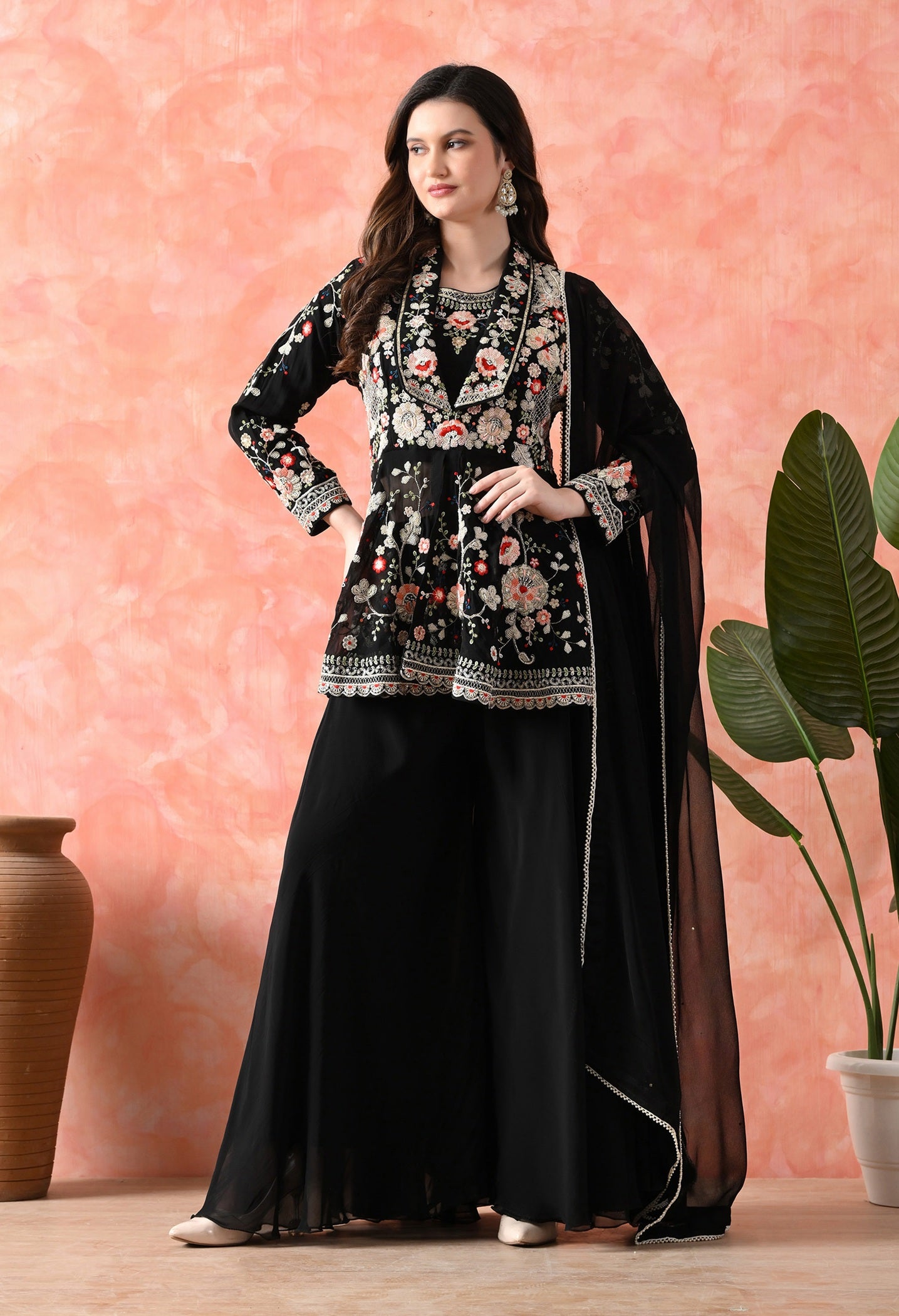 Black Sharara Set with Thread & Cutdana Work