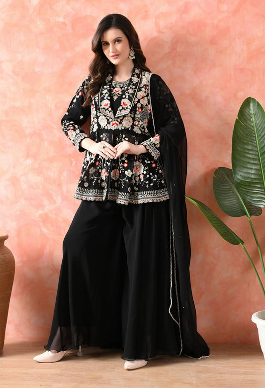 Black Sharara Set with Thread & Cutdana Work