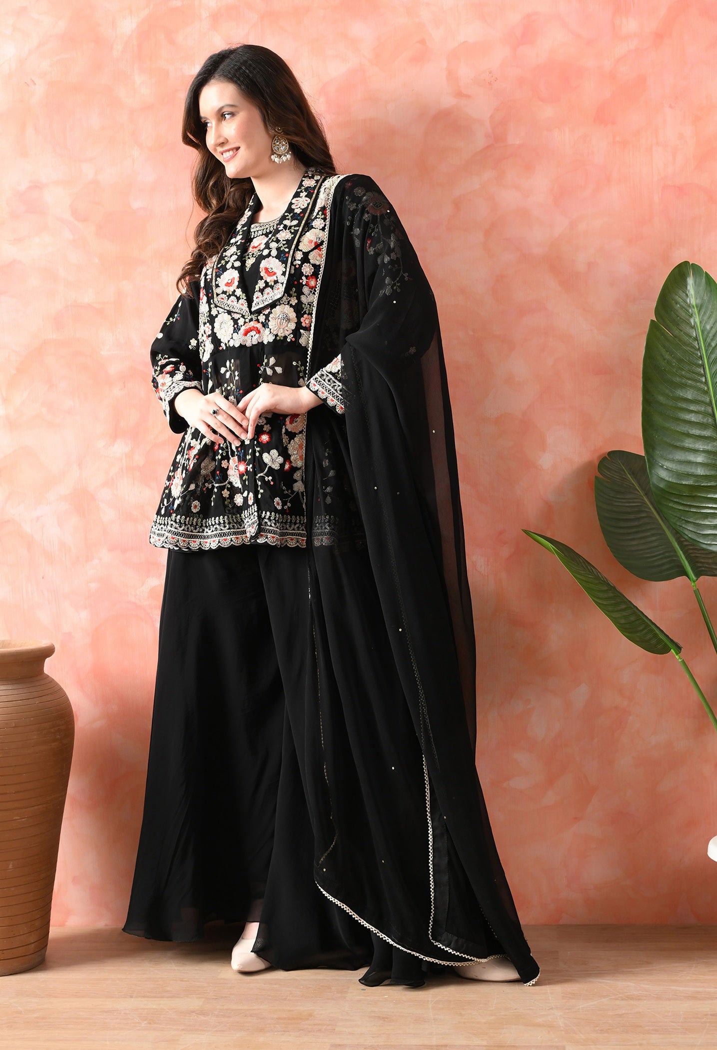 Black Sharara Set with Thread & Cutdana Work
