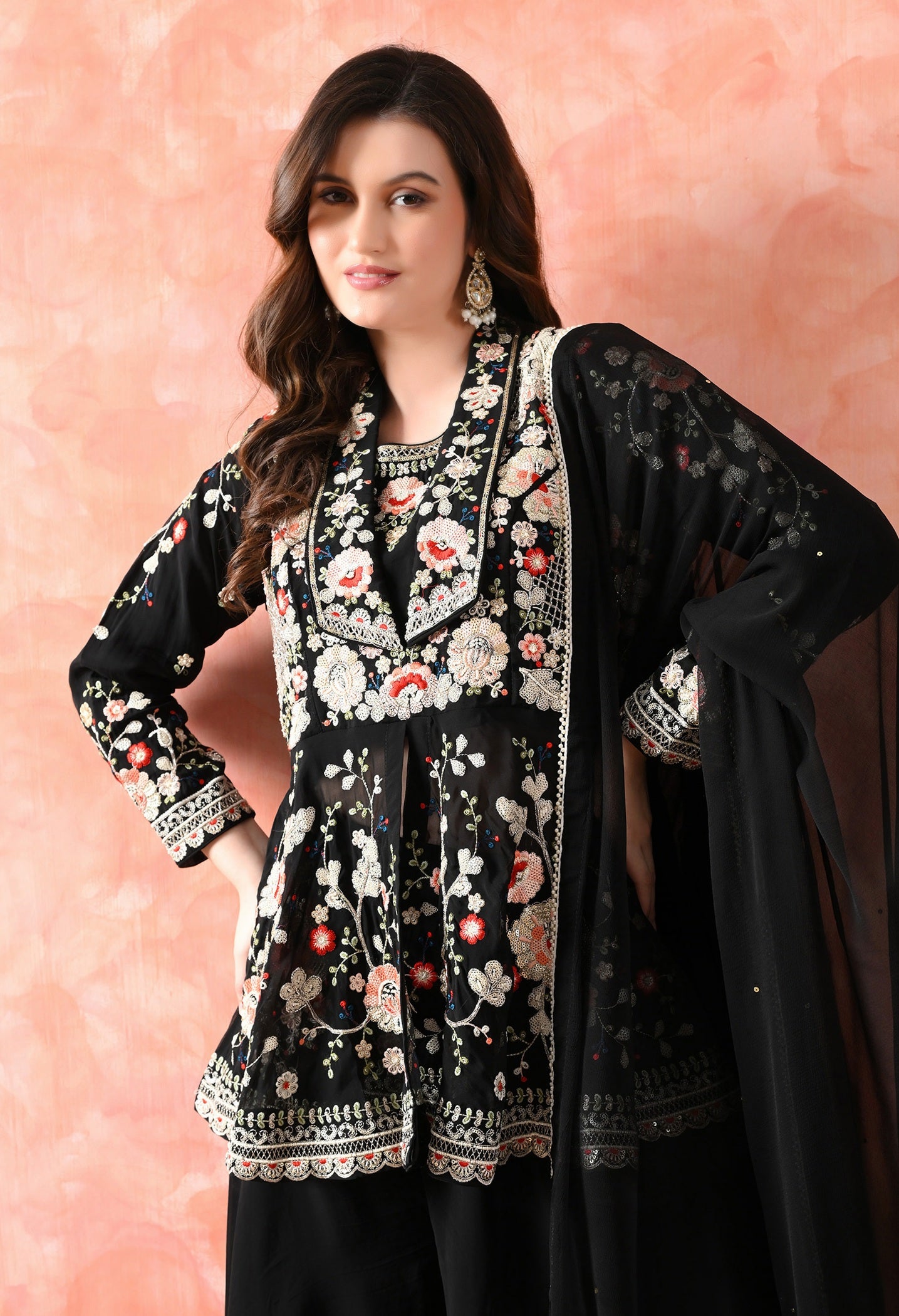 Black Sharara Set with Thread & Cutdana Work