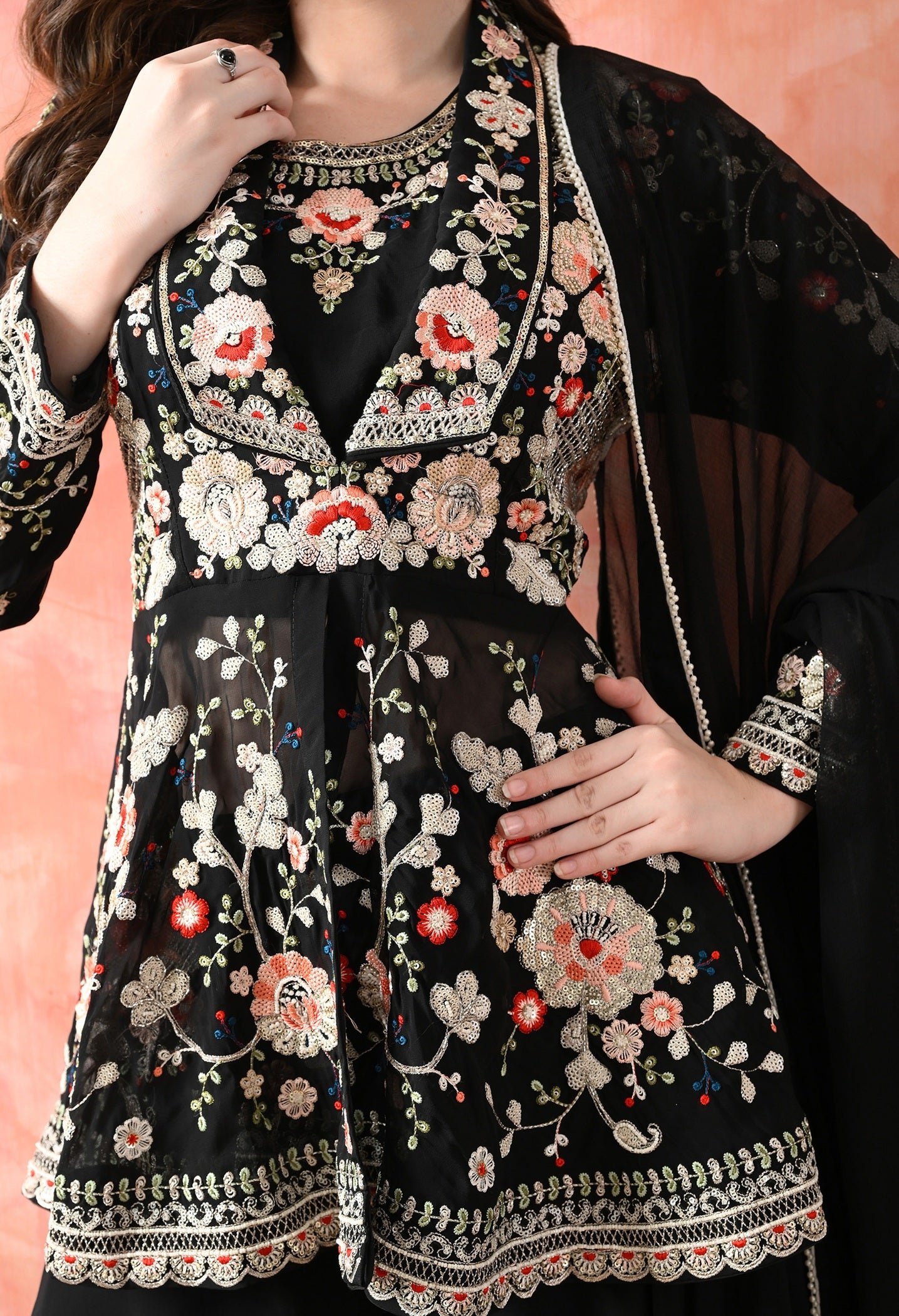 Black Sharara Set with Thread & Cutdana Work