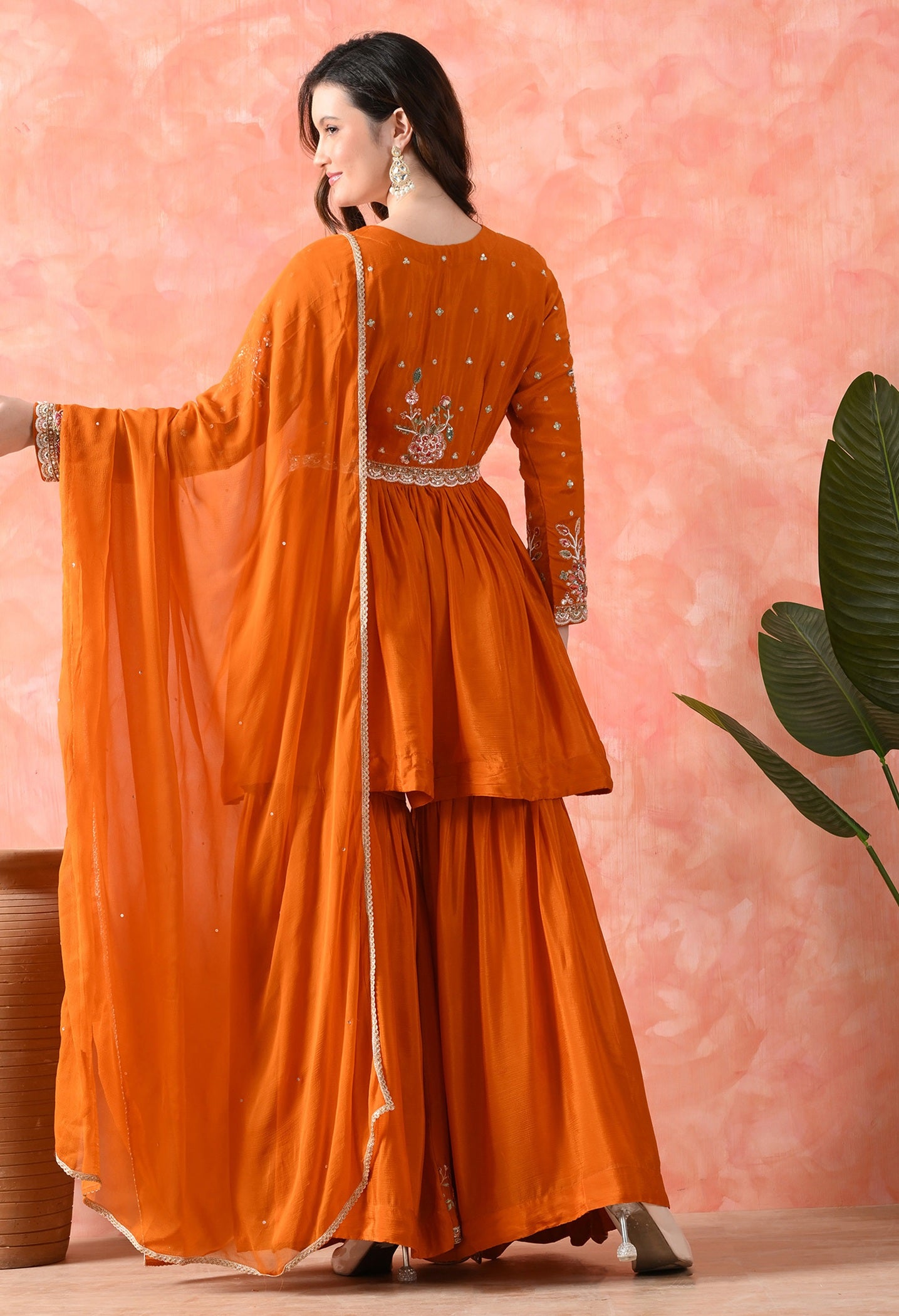 Orange Thread Work Chinon Gharara Set
