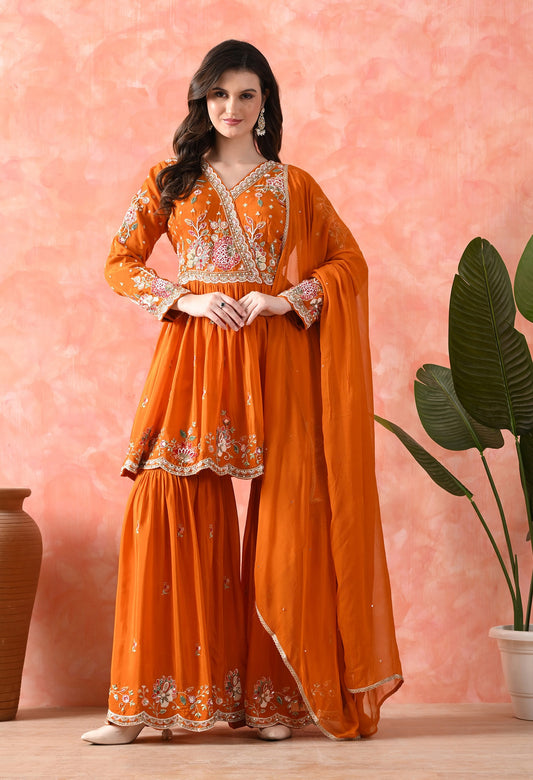 Orange Thread Work Chinon Gharara Set