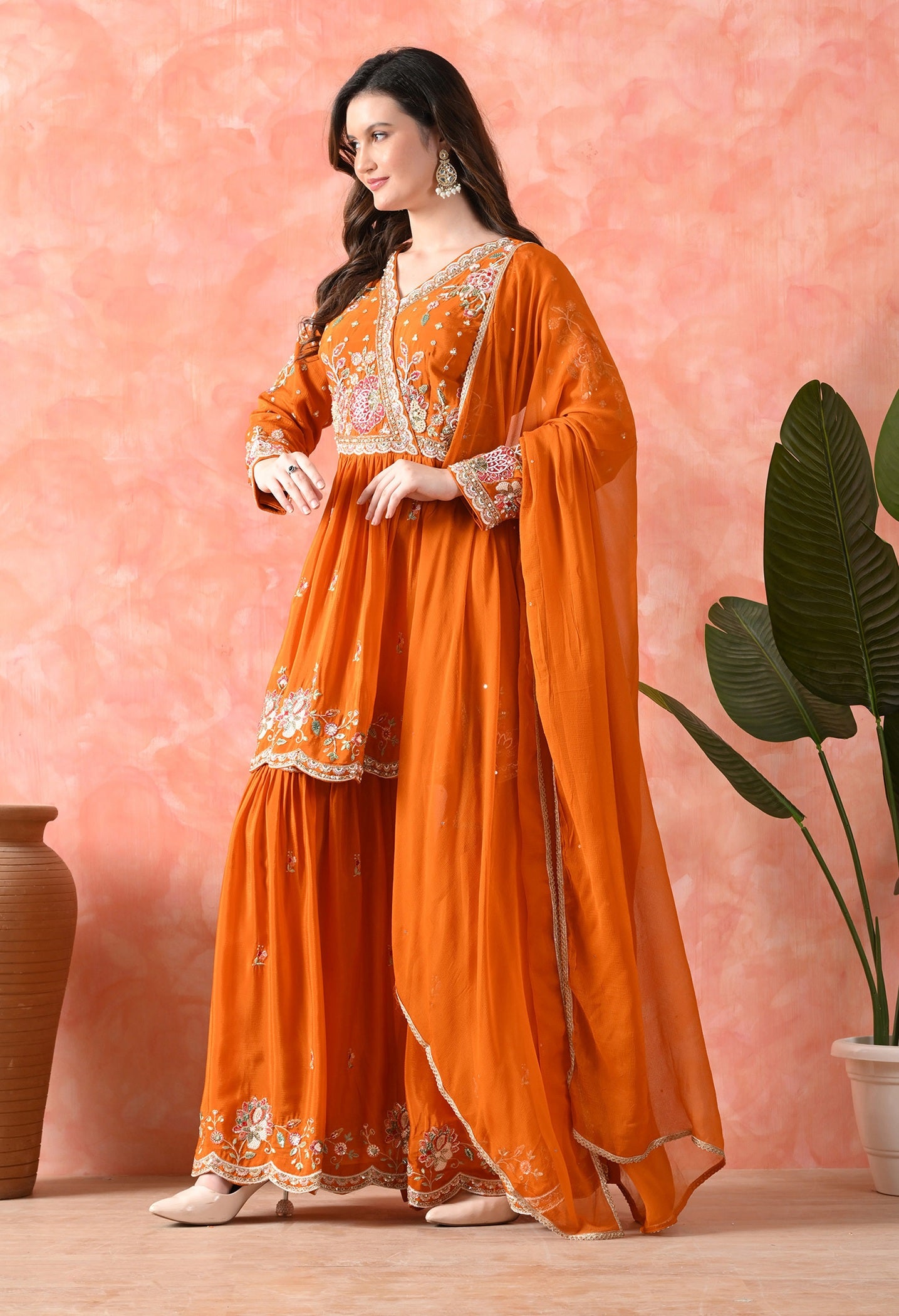 Orange Thread Work Chinon Gharara Set