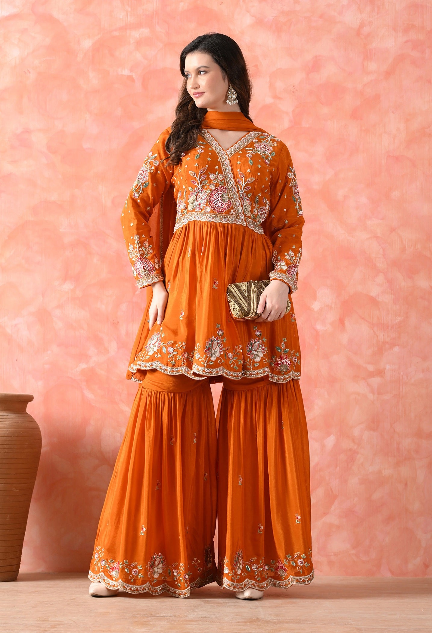 Orange Thread Work Chinon Gharara Set