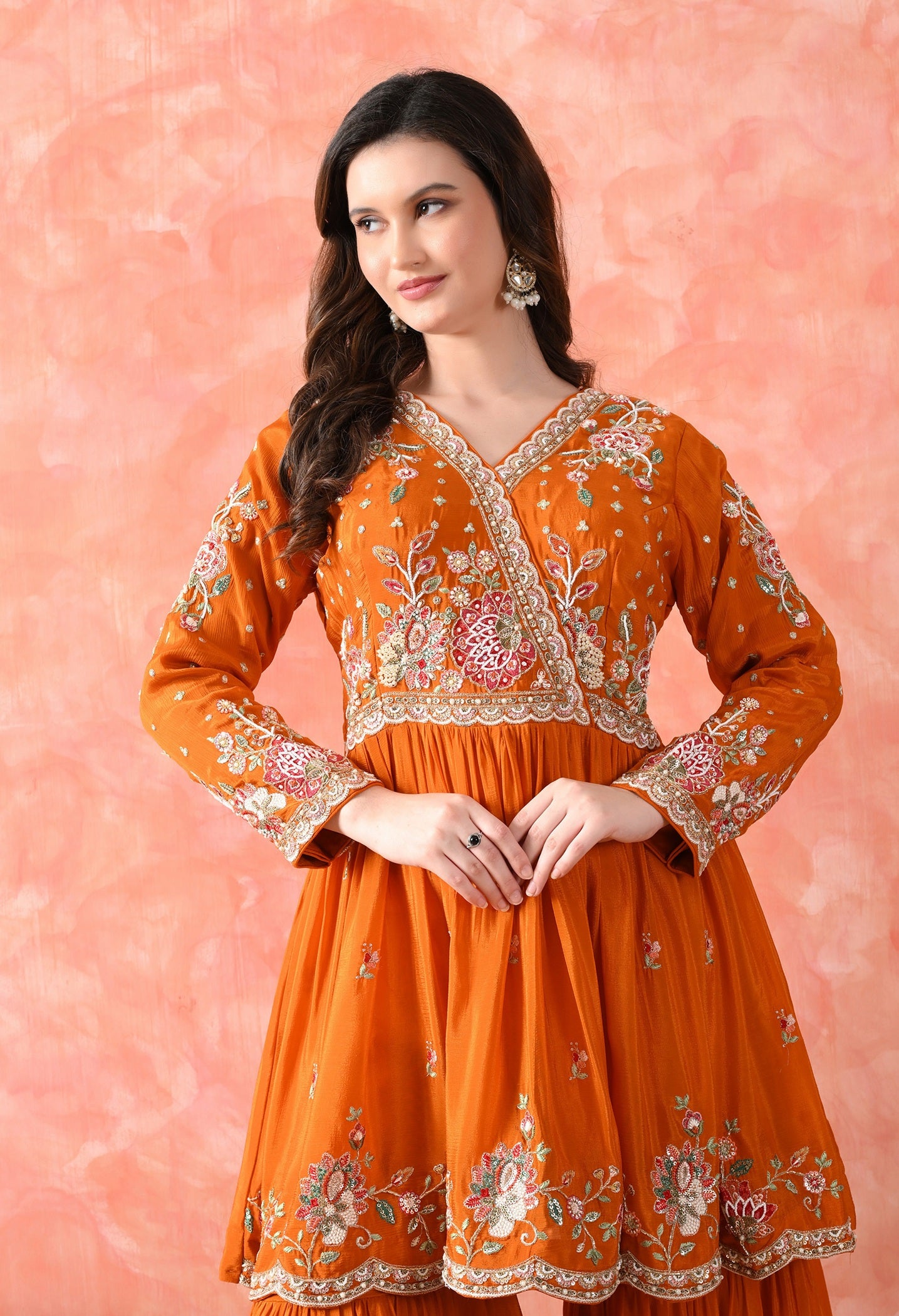Orange Thread Work Chinon Gharara Set