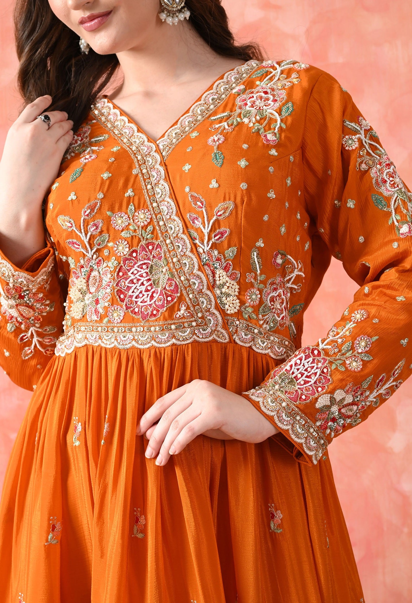 Orange Thread Work Chinon Gharara Set