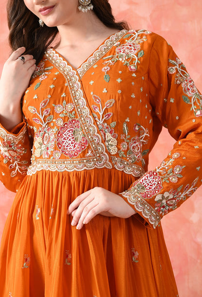 Orange Thread Work Chinon Gharara Set