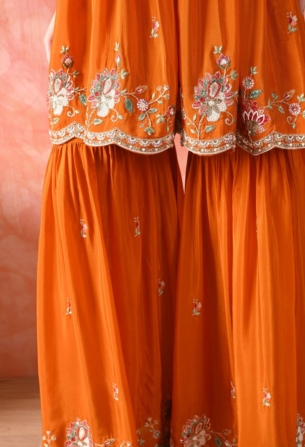 Orange Thread Work Chinon Gharara Set