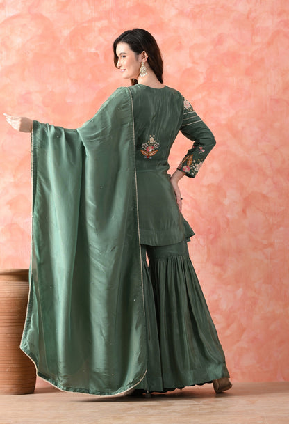 Green Thread Work Tissue Crepe Gharara Set