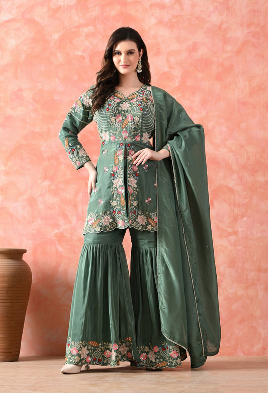 Green Thread Work Tissue Crepe Gharara Set
