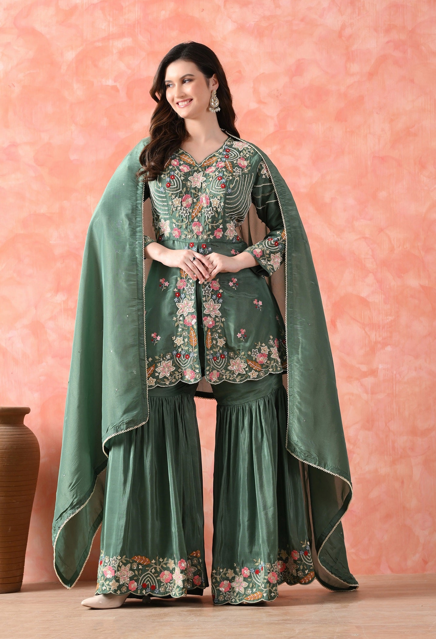 Green Thread Work Tissue Crepe Gharara Set