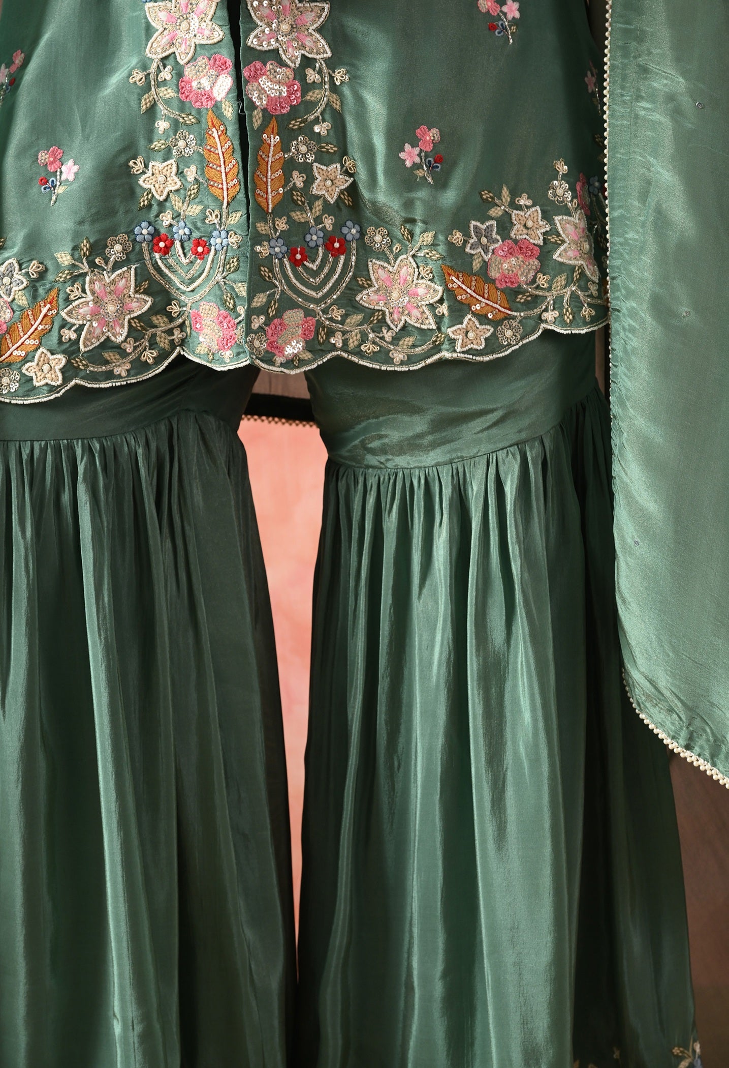 Green Thread Work Tissue Crepe Gharara Set
