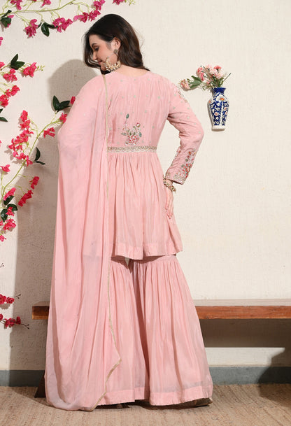 Pink Chinon Thread & Pearl Sharara Set