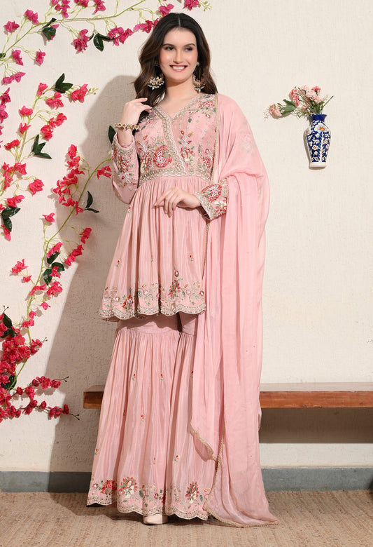 Pink Chinon Thread & Pearl Sharara Set