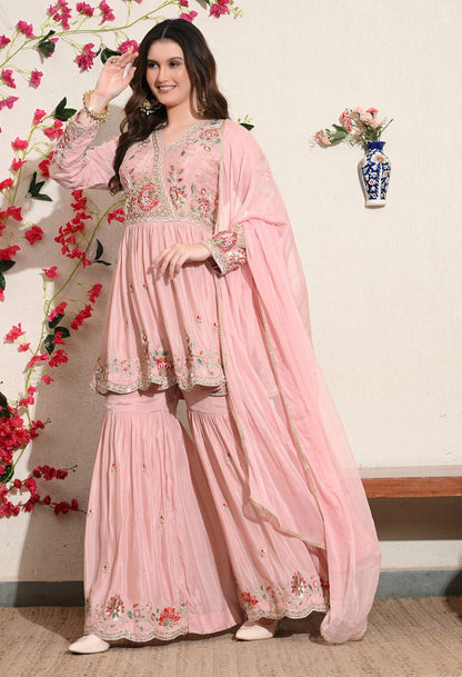 Pink Chinon Thread & Pearl Sharara Set