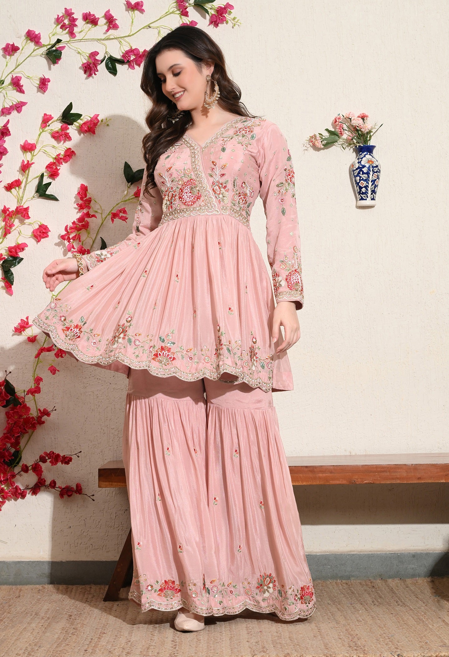 Pink Chinon Thread & Pearl Sharara Set