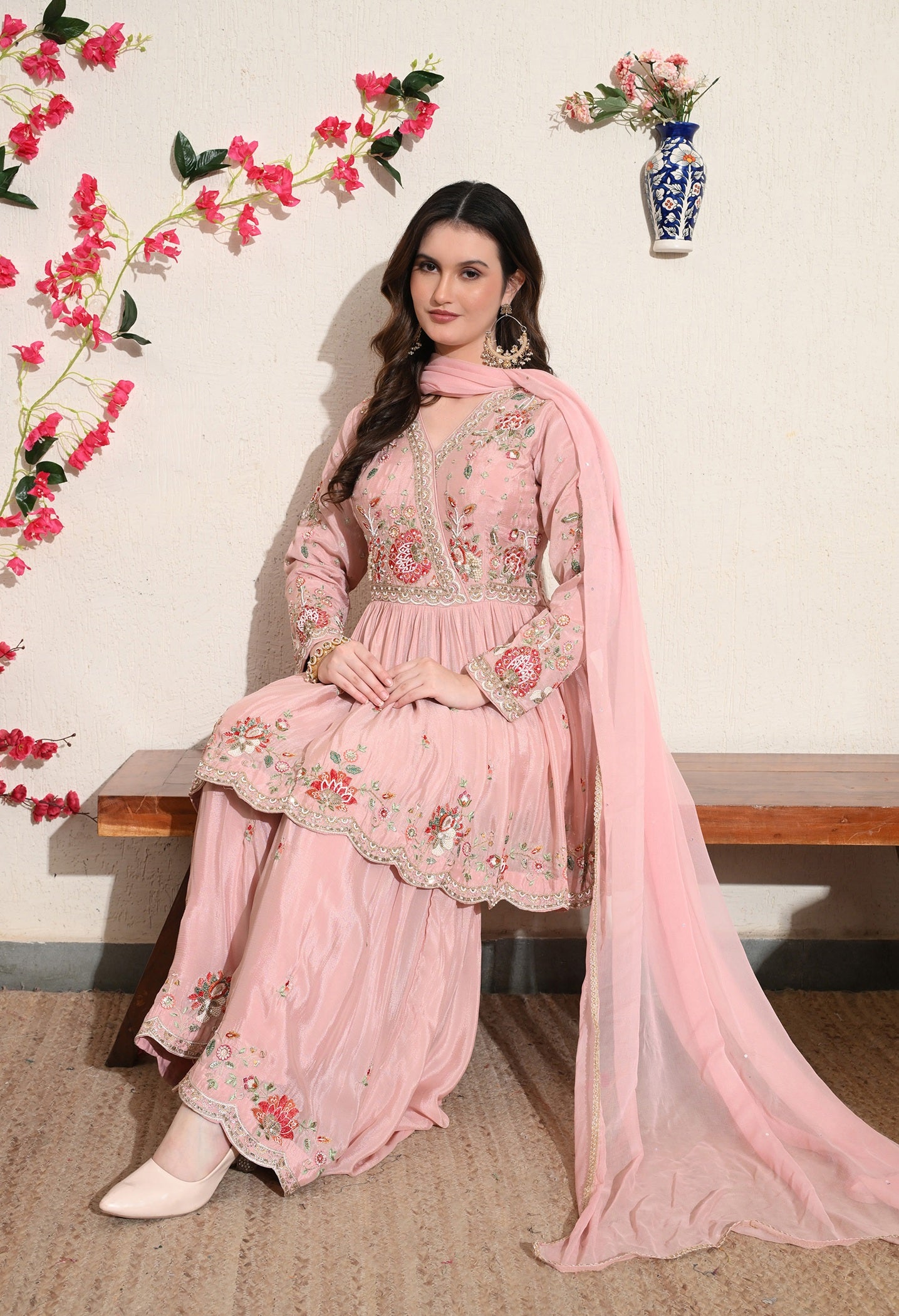 Pink Chinon Thread & Pearl Sharara Set