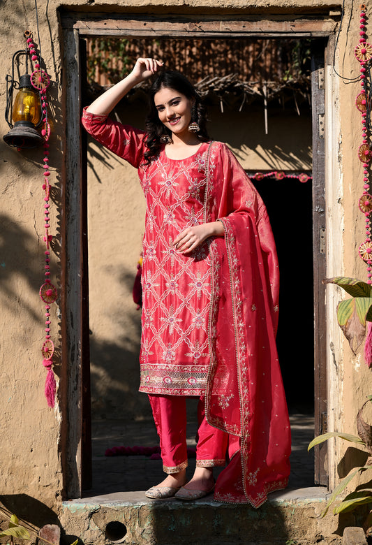 Pink Zardozi Silk Kurta Set