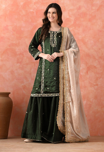 Bottle Green Glass Silk Gotta Sharara Set