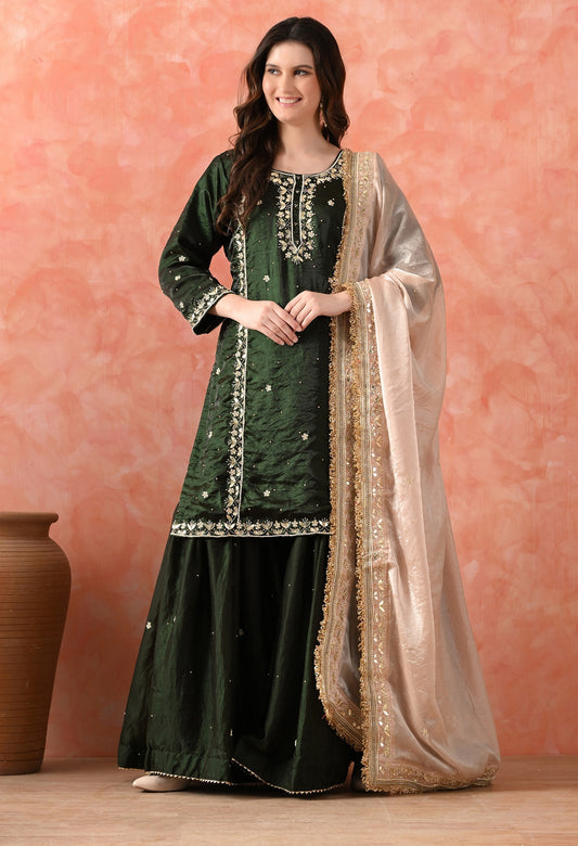 Bottle Green Glass Silk Gotta Sharara Set