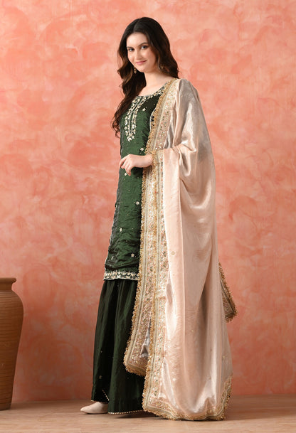 Bottle Green Glass Silk Gotta Sharara Set