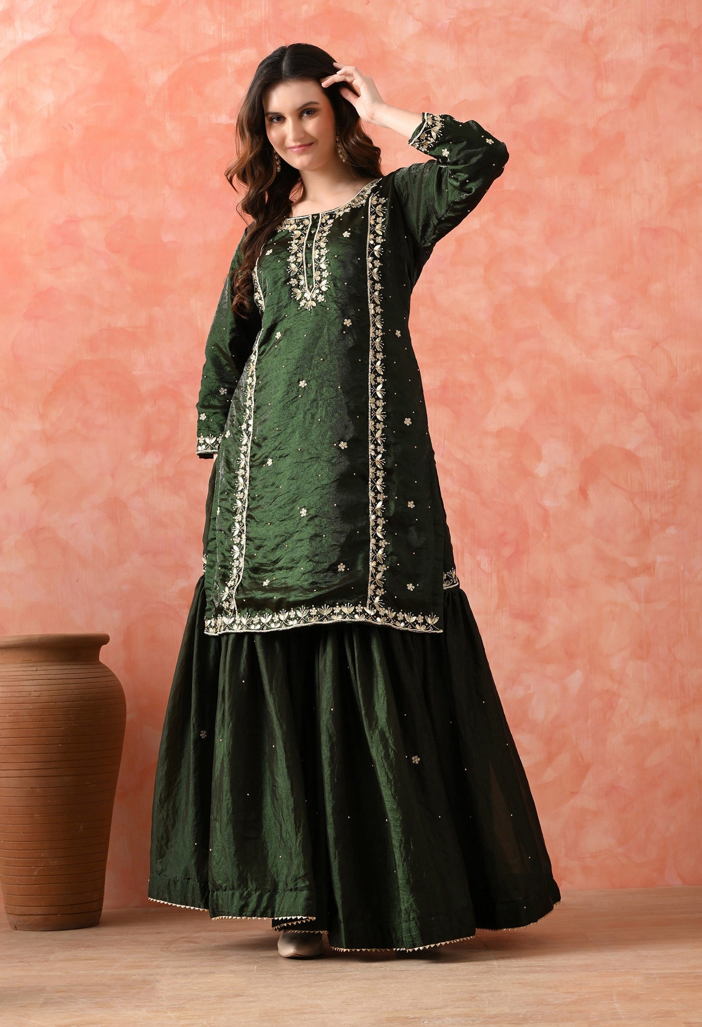 Bottle Green Glass Silk Gotta Sharara Set