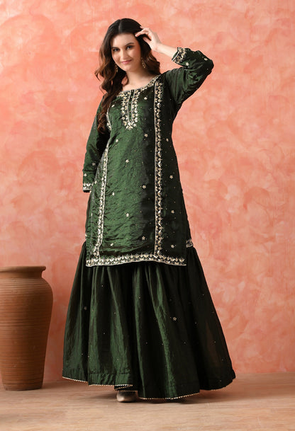 Bottle Green Glass Silk Gotta Sharara Set