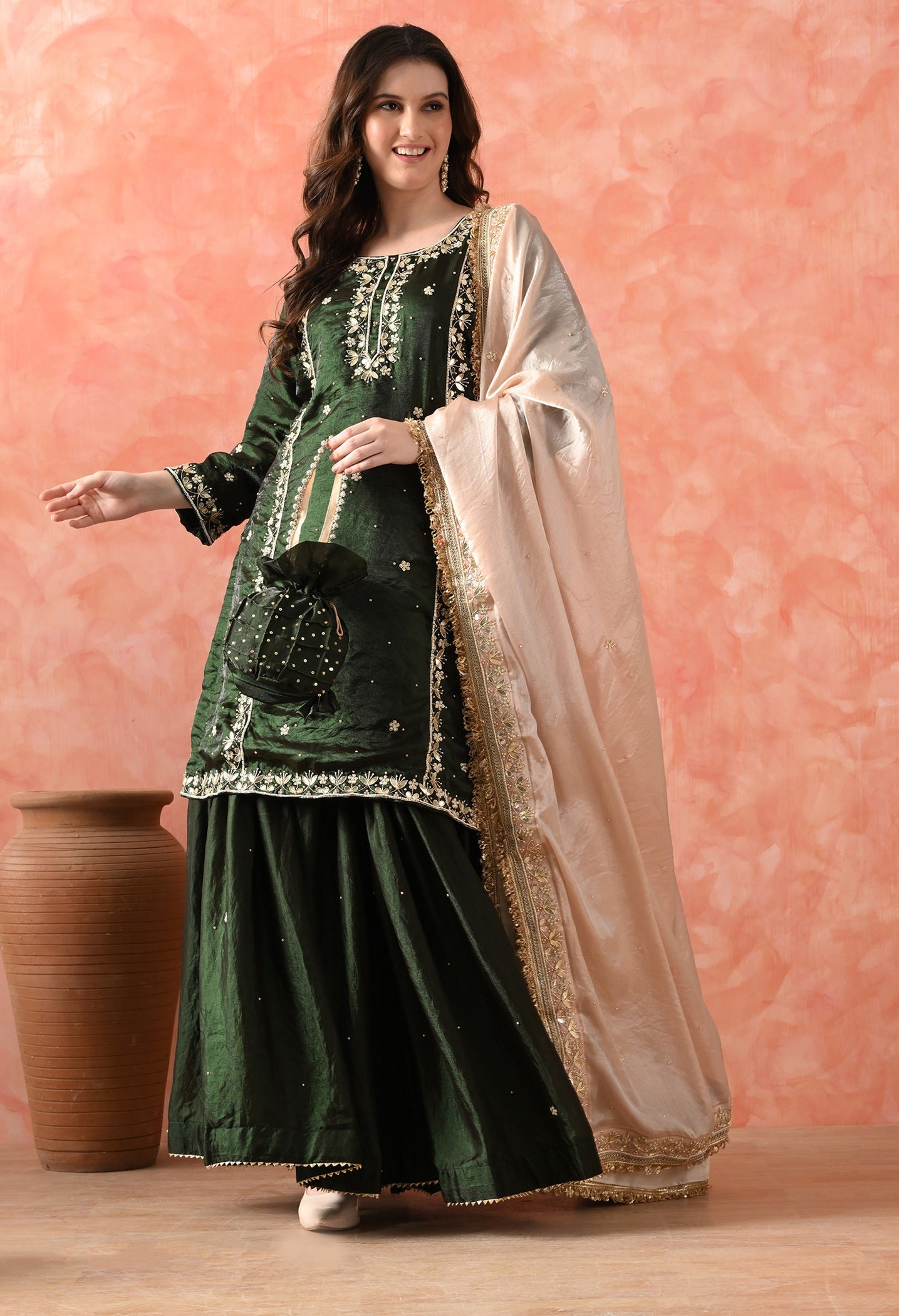 Bottle Green Glass Silk Gotta Sharara Set