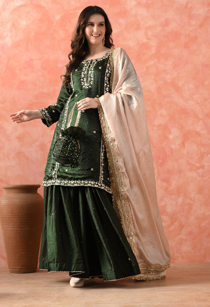 Bottle Green Glass Silk Gotta Sharara Set