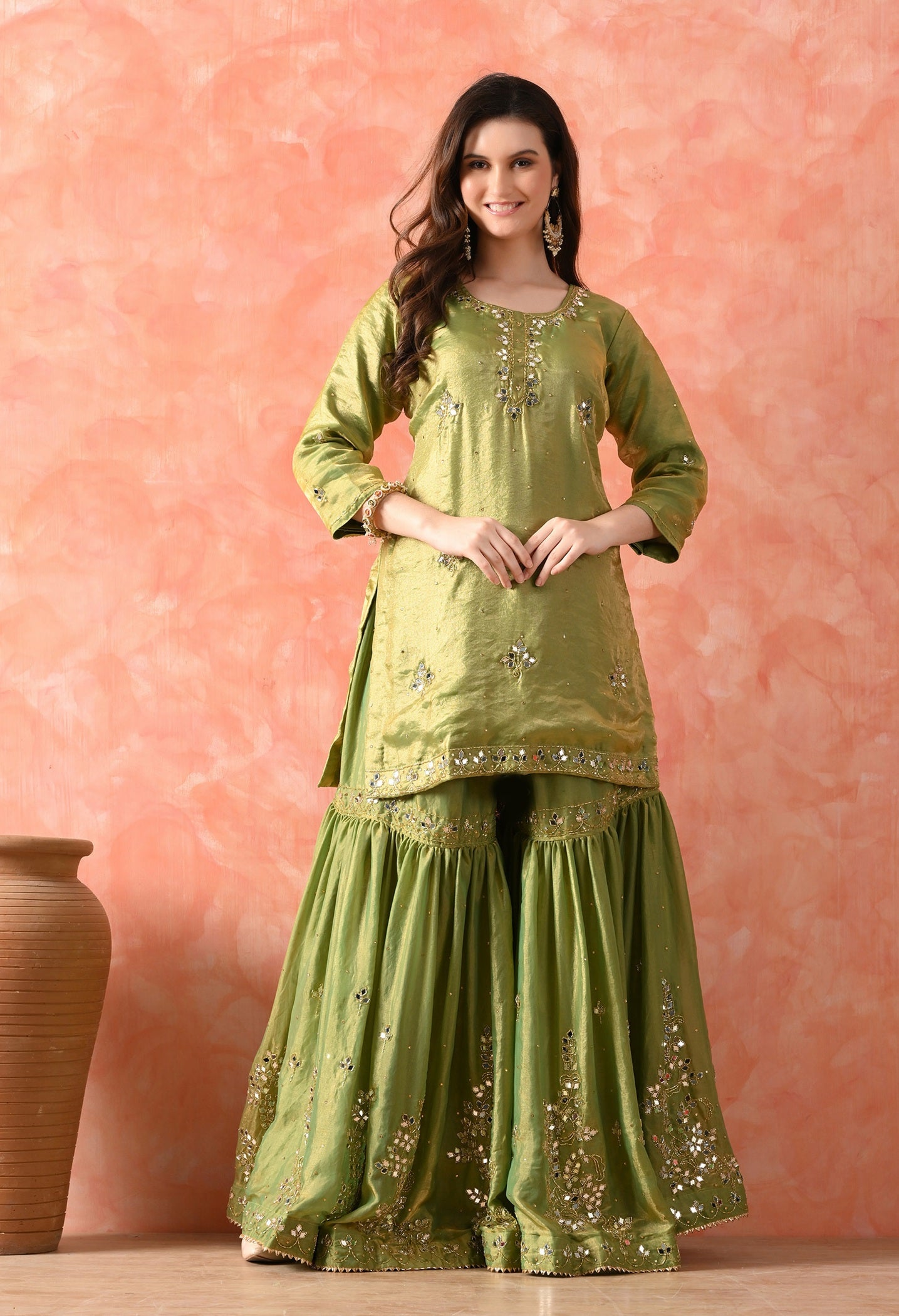 Green Gharara Set with Mirror & Cutdana Work