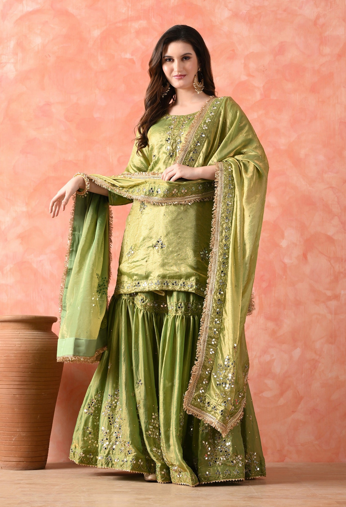Green Gharara Set with Mirror & Cutdana Work