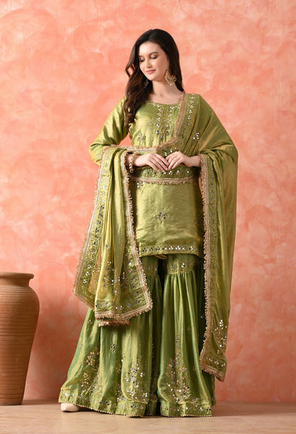Green Gharara Set with Mirror & Cutdana Work