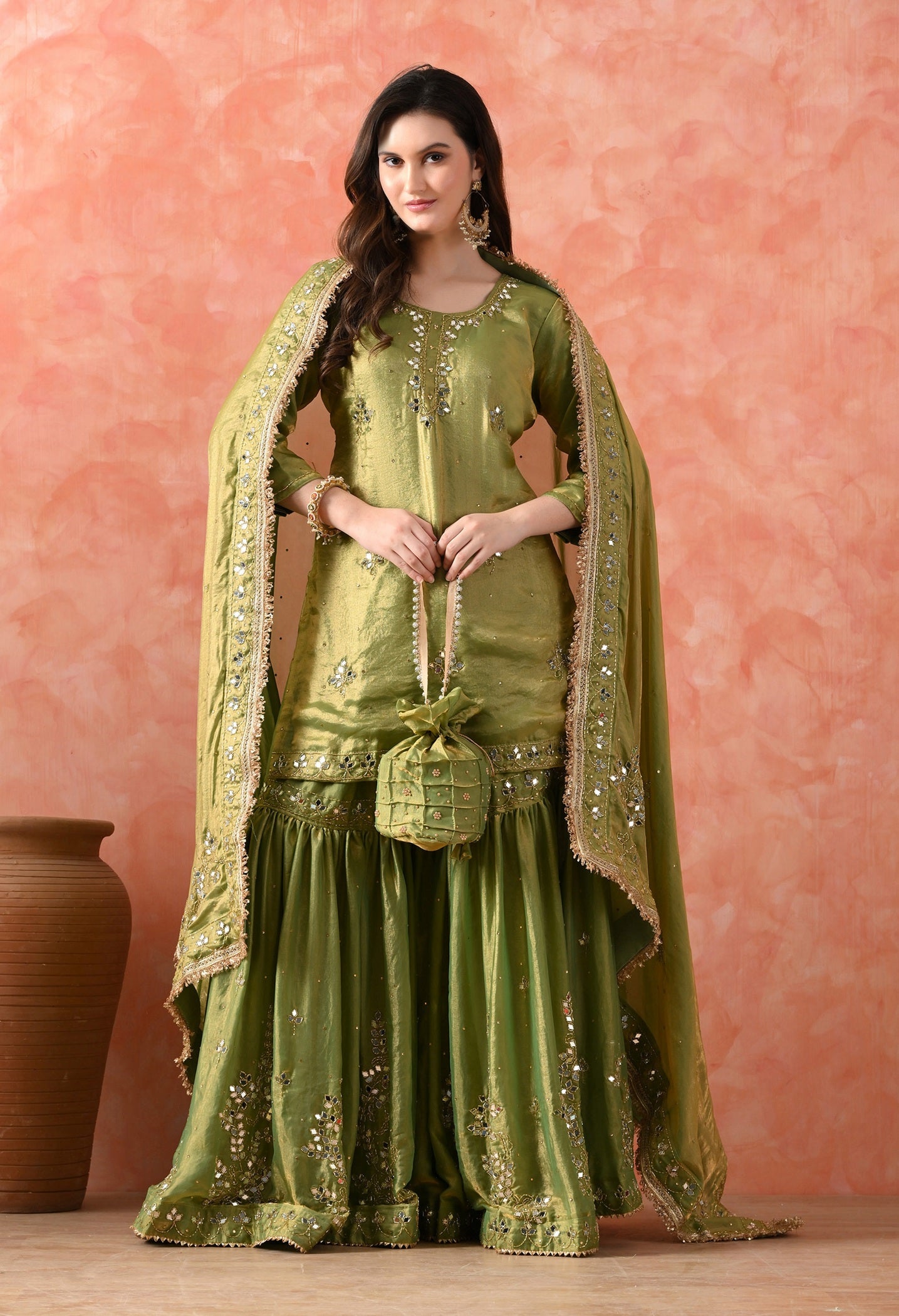 Green Gharara Set with Mirror & Cutdana Work