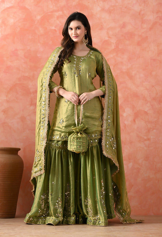 Green Gharara Set with Mirror & Cutdana Work