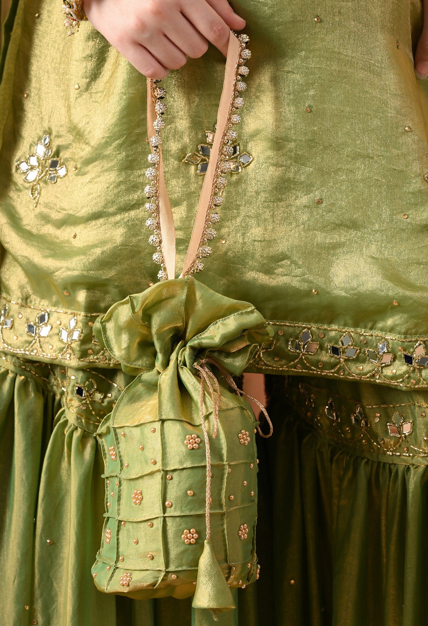 Green Gharara Set with Mirror & Cutdana Work