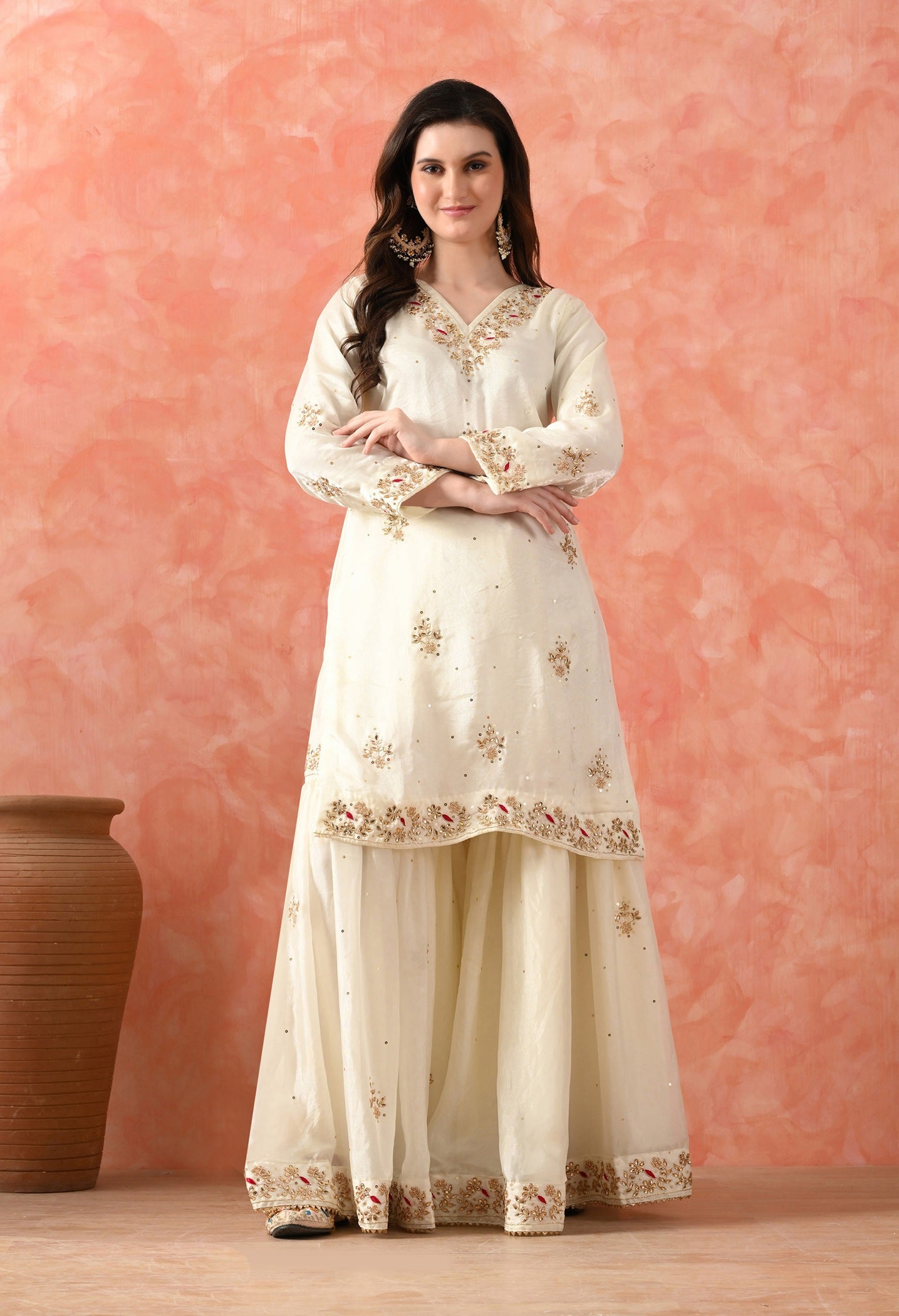 Cream Glass Silk Zardozi Sharara Set