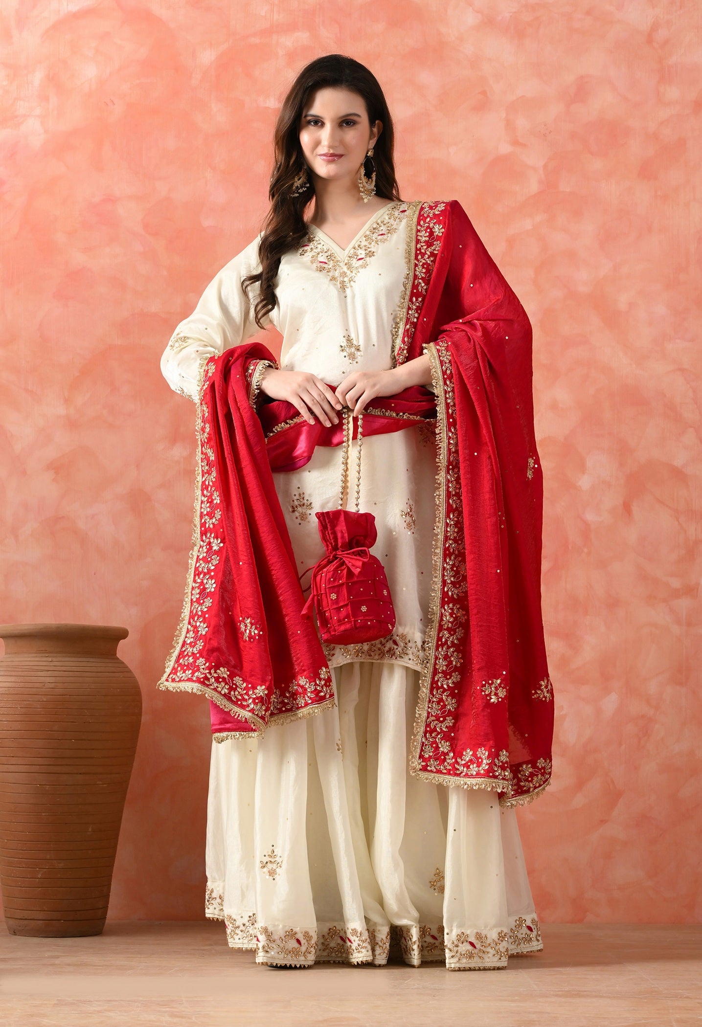 Cream Glass Silk Zardozi Sharara Set
