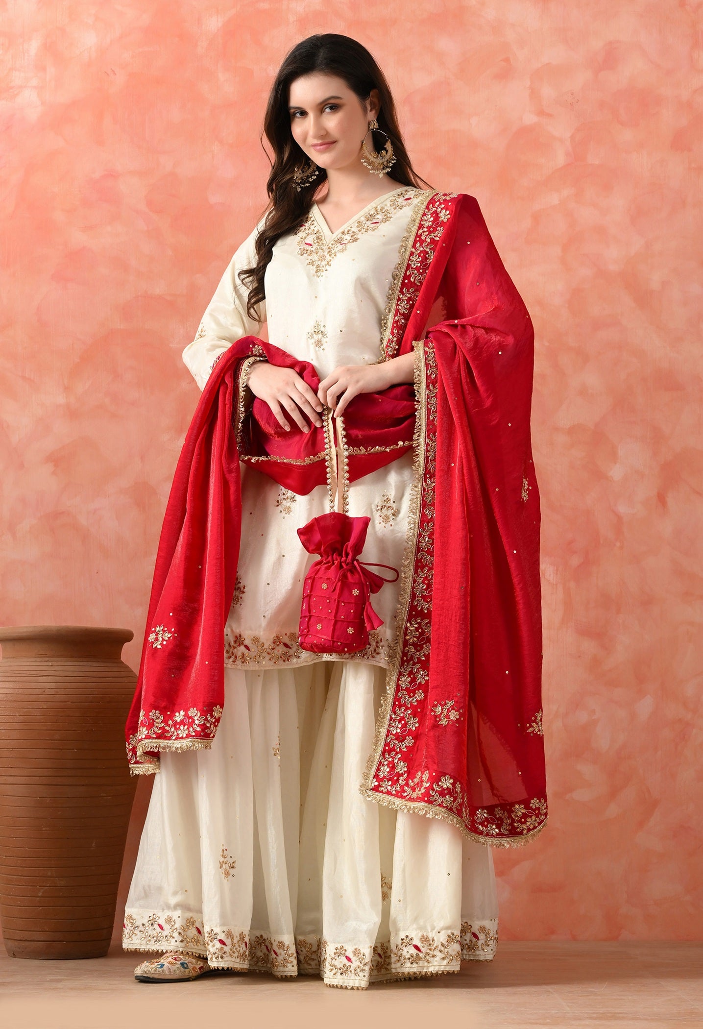Cream Glass Silk Zardozi Sharara Set